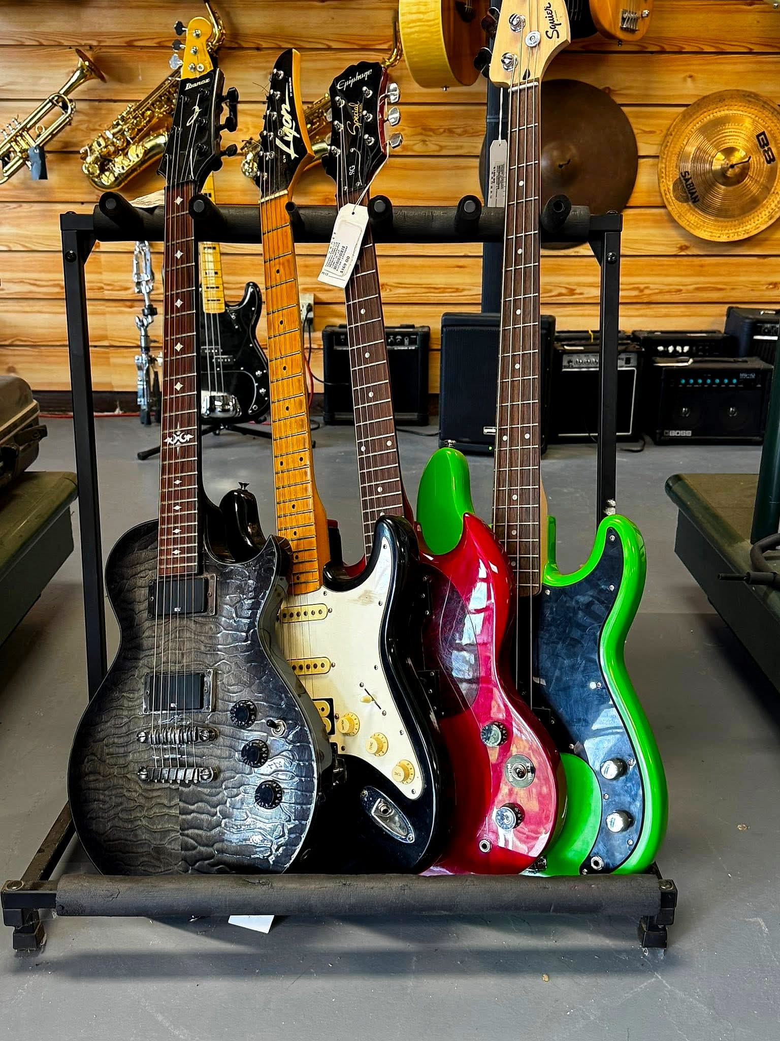 Guitars on the rack inside Columbia Pawn