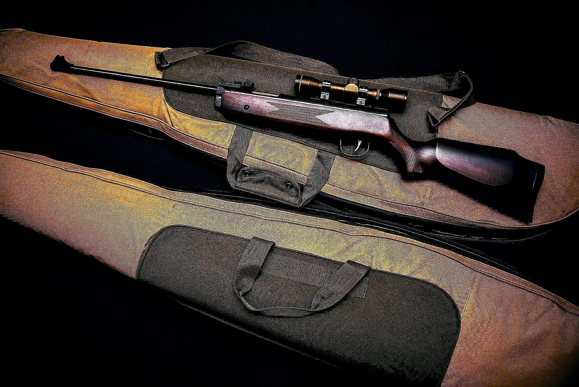 Bolt action hunting rifle with scope resting on soft cases
